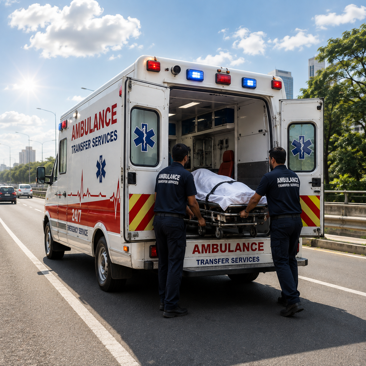 Punitha ambulance transfer service on the road