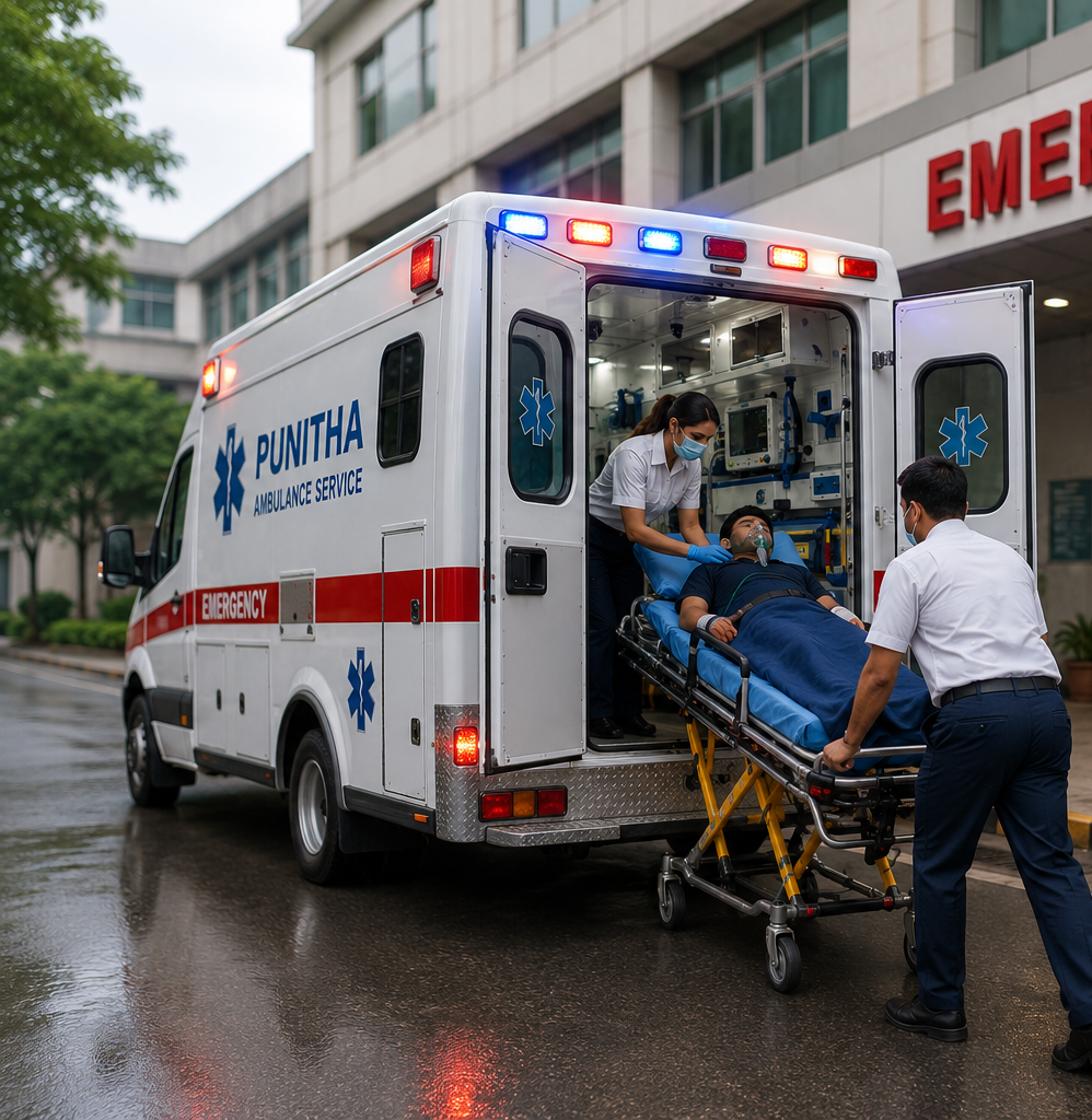Punitha Ambulance Service ambulance responding to an emergency